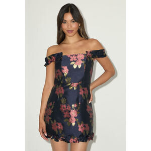 Lulus Pop The Bottle Navy Blue Floral Jacquard Ruffled Mini Dress - Size S